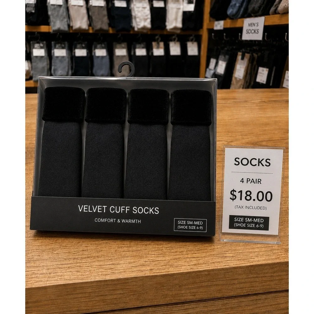 Velvet Cuff Socks 4 Pair Pack‎ Black Comfort & Warmth Women Size SM-MED Shoe 6-9